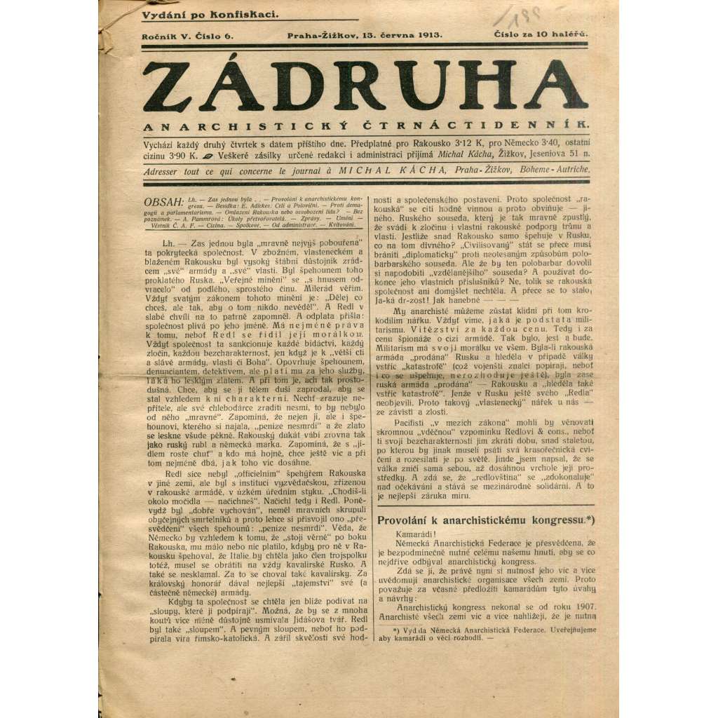 Zádruha (13.6.1913) Anarchistický čtrnáctidenník (časopis, noviny)