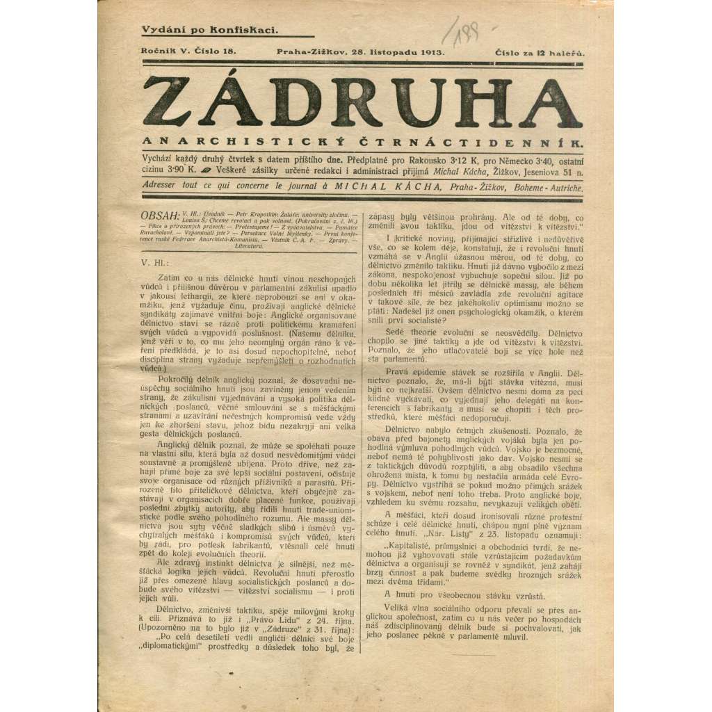 Zádruha (28.11.1913) Anarchistický čtrnáctidenník (časopis, noviny)