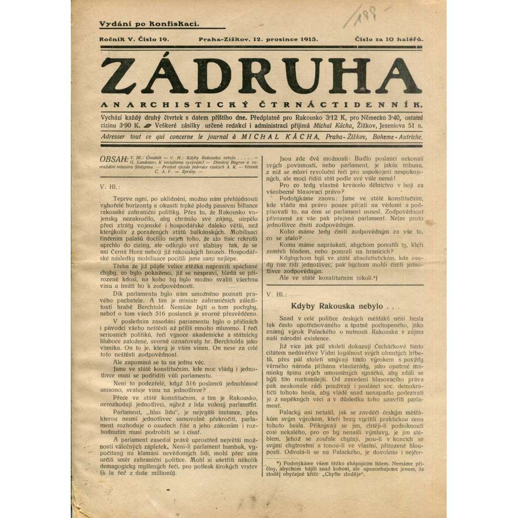 Zádruha (12.12.1913) Anarchistický čtrnáctidenník (časopis, noviny)
