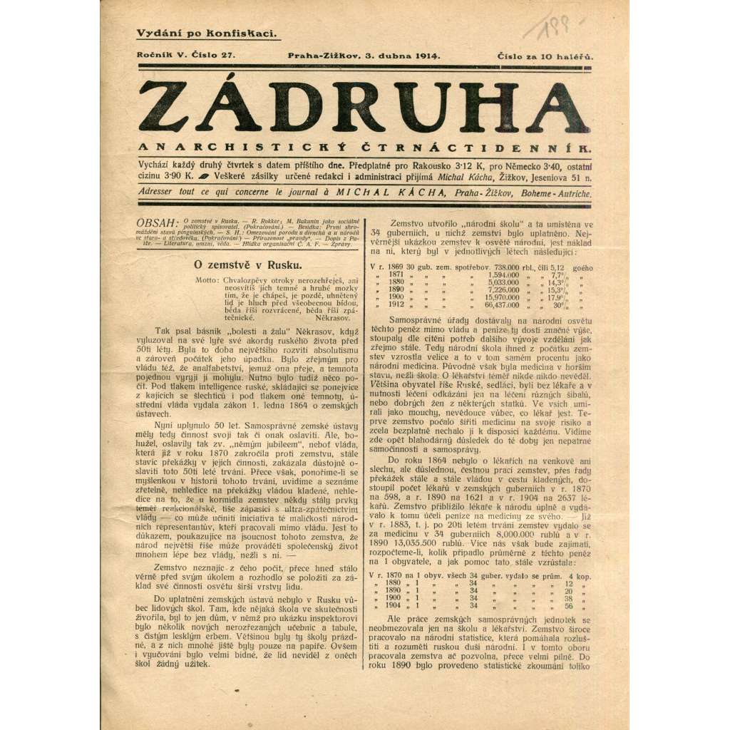 Zádruha (3.4.1914) Anarchistický čtrnáctidenník (časopis, noviny)