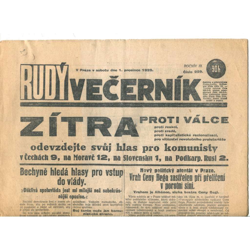 Rudý večerník (1.12.1928) - staré noviny, 1. republika
