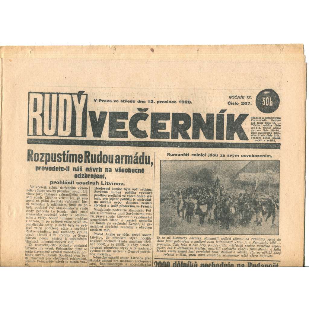 Rudý večerník (12.12.1928) - staré noviny, 1. republika