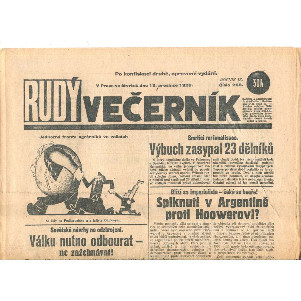 Rudý večerník (13.12.1928) - staré noviny, 1. republika