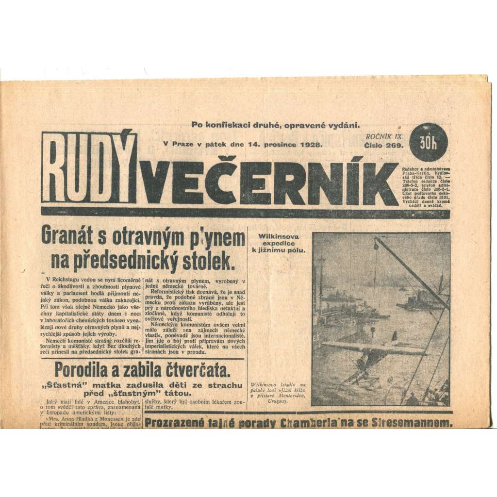 Rudý večerník (14.12.1928) - staré noviny, 1. republika