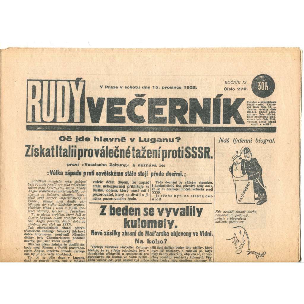 Rudý večerník (15.12.1928) - staré noviny, 1. republika