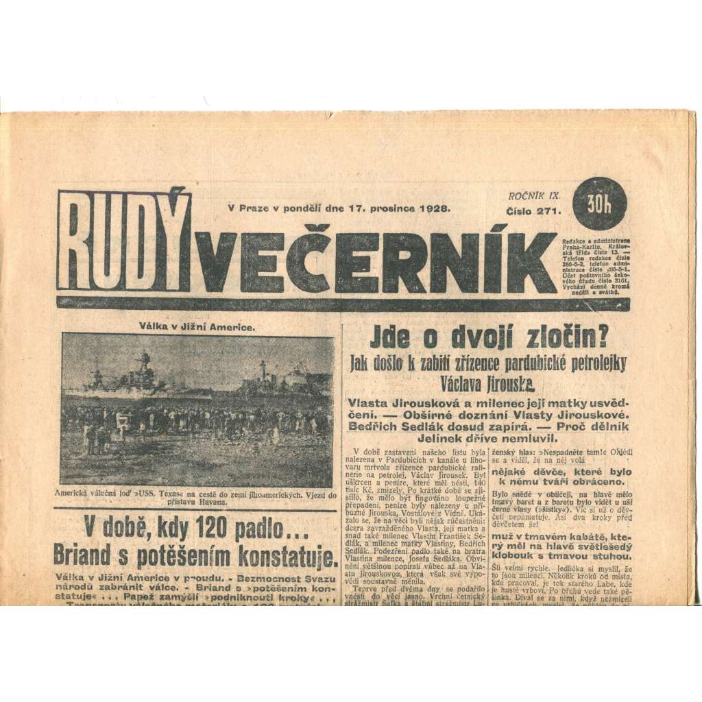 Rudý večerník (17.12.1928) - staré noviny, 1. republika