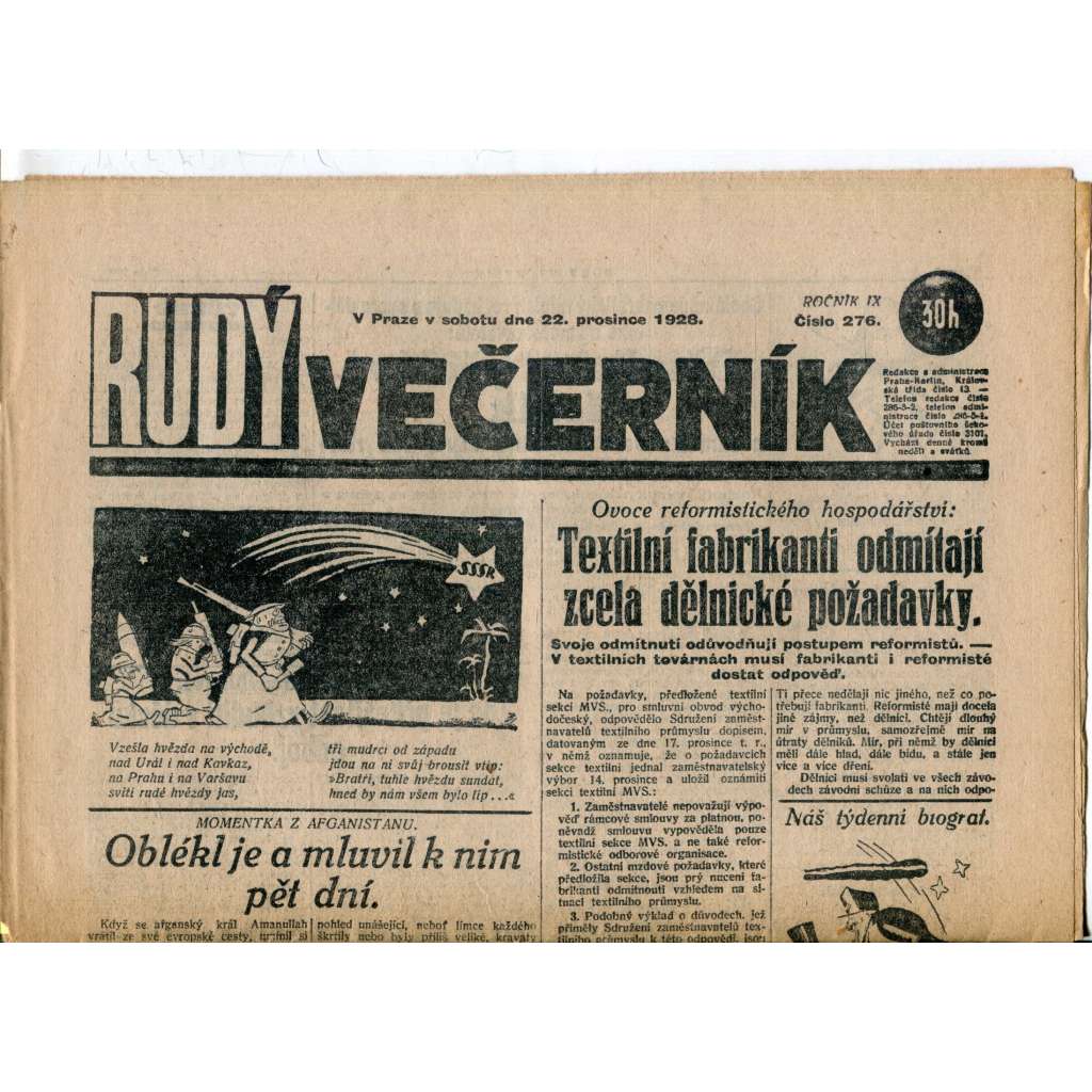 Rudý večerník (22.12.1928) - staré noviny, 1. republika