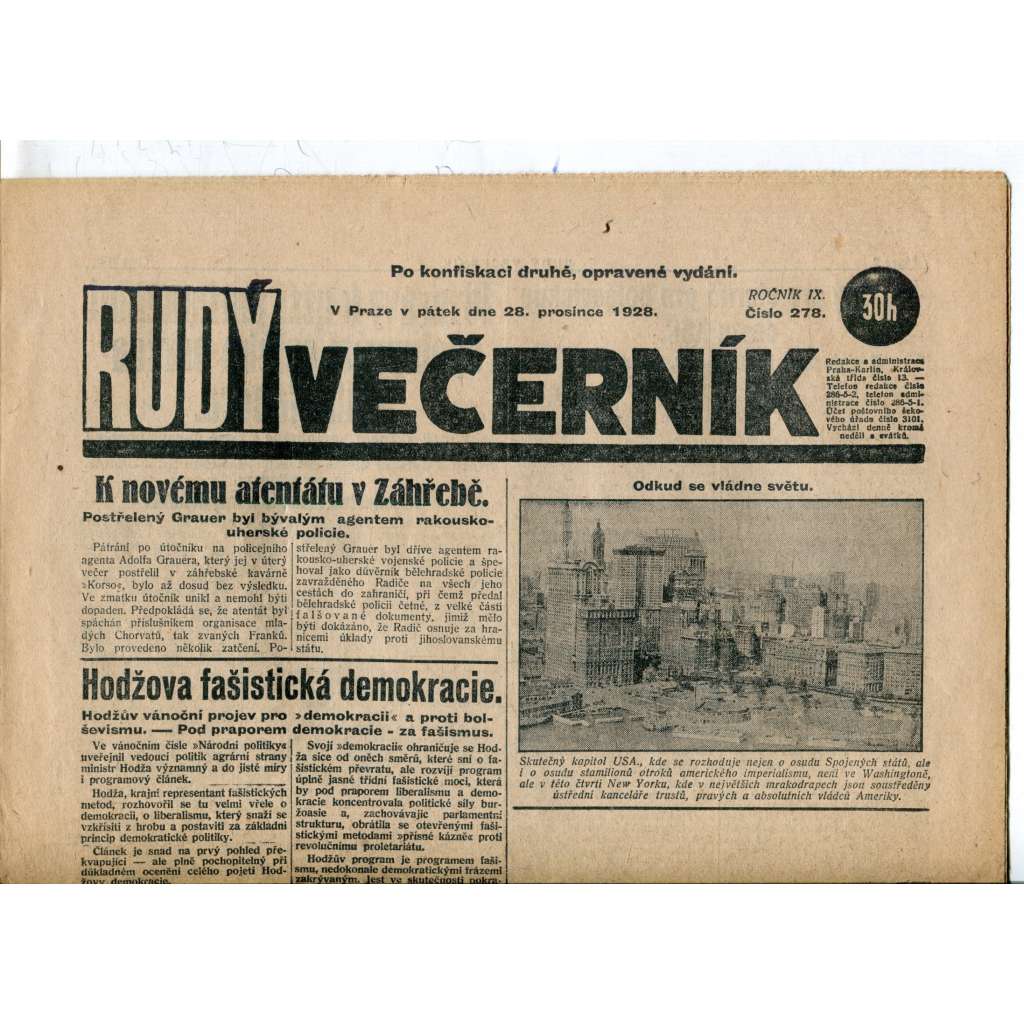 Rudý večerník (28.12.1928) - staré noviny, 1. republika