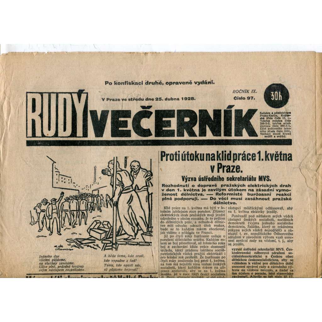 Rudý večerník (29.4.1928) - staré noviny, 1. republika