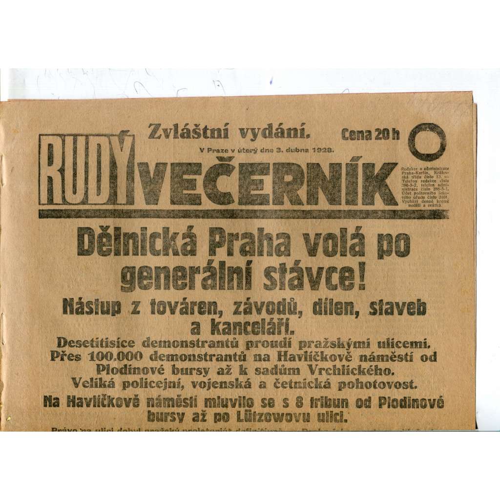 Rudý večerník - zvláštní vydání (3.4.1928) - staré noviny, 1. republika