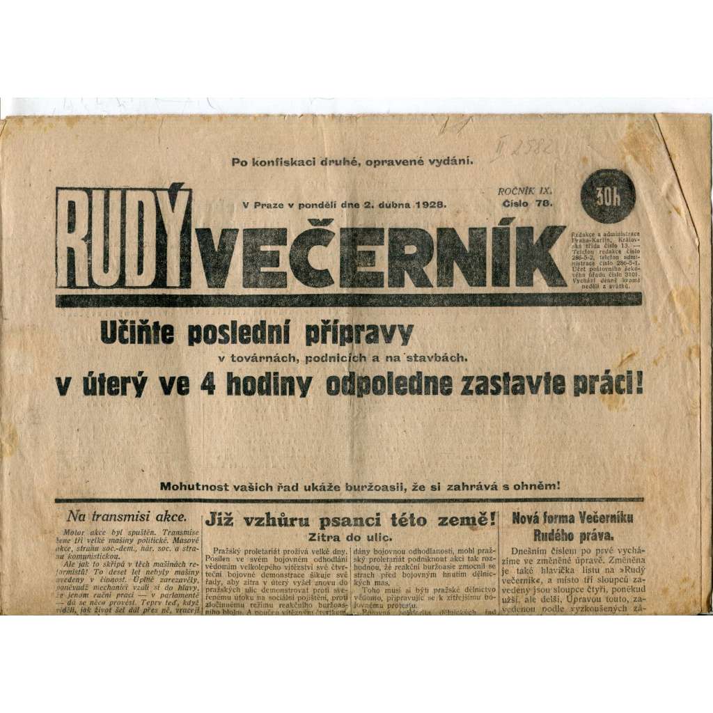Rudý večerník (2.4.1928) - staré noviny, 1. republika