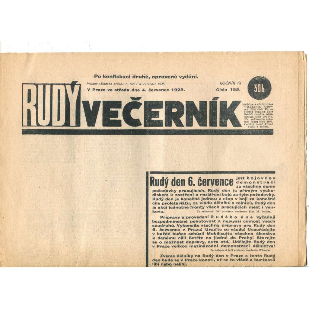 Rudý večerník (4.7.1928) - staré noviny, 1. republika