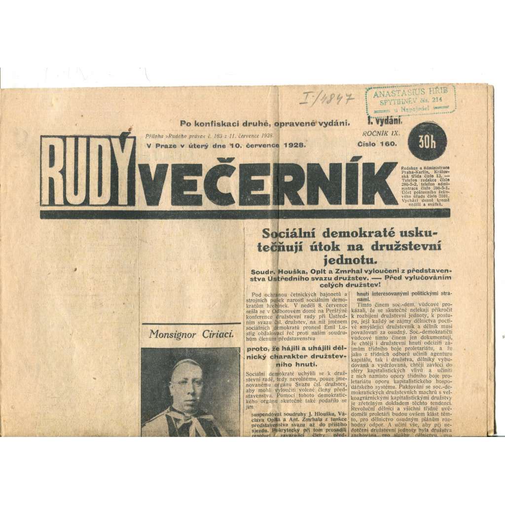 Rudý večerník (10.7.1928) - staré noviny, 1. republika