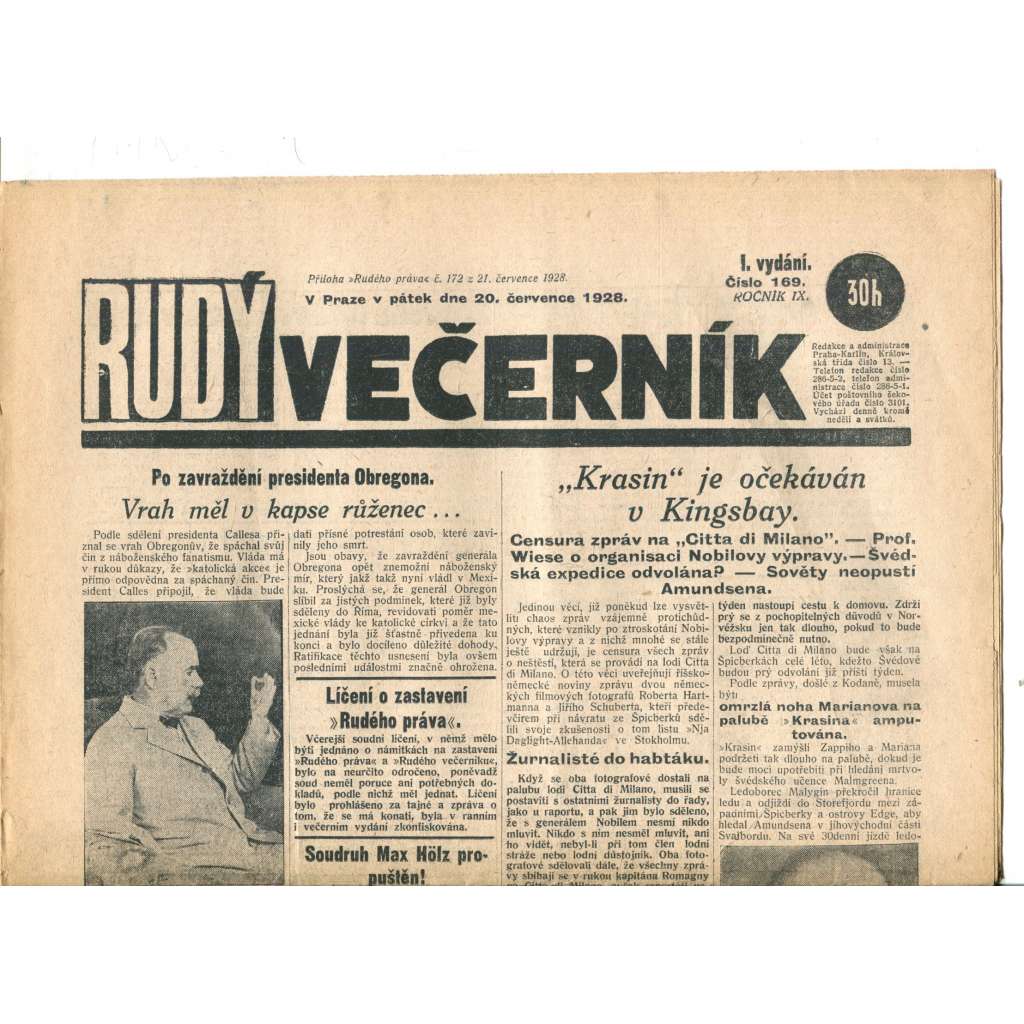Rudý večerník (20.7.1928) - staré noviny, 1. republika