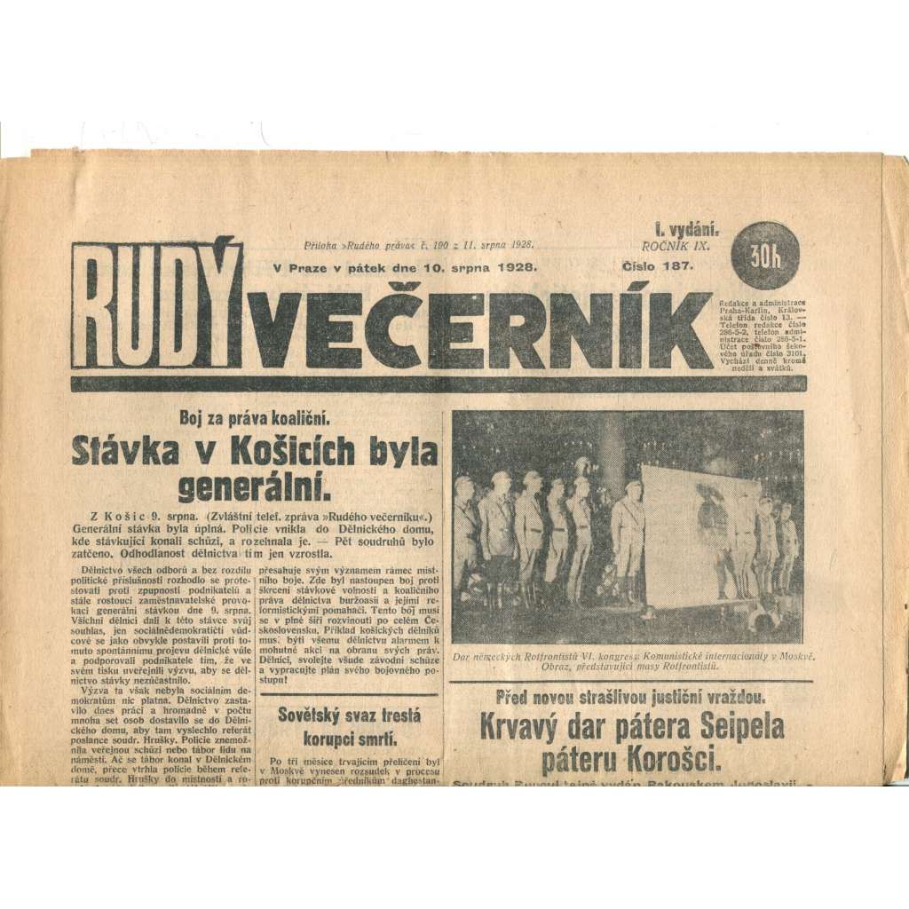 Rudý večerník (10.8.1928) - staré noviny, 1. republika