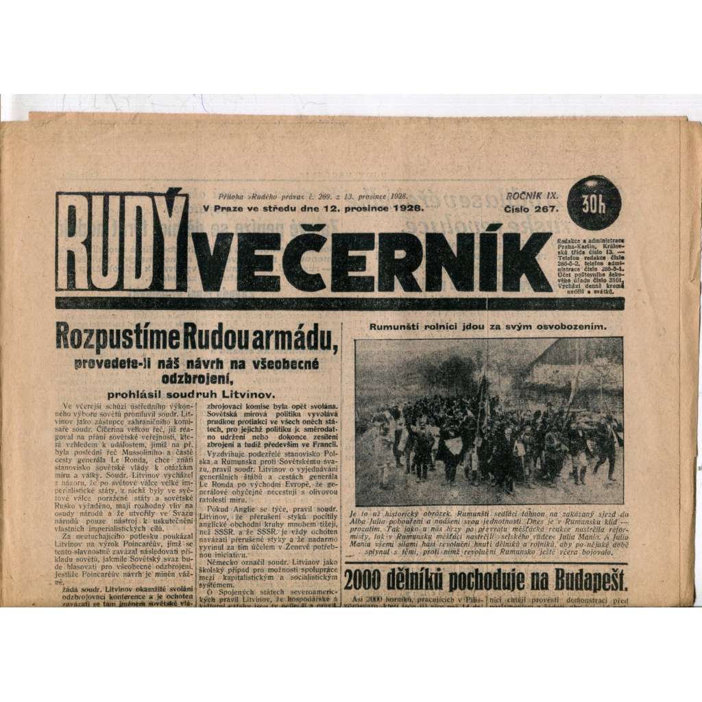 Rudý večerník (12.12.1928) - staré noviny, 1. republika