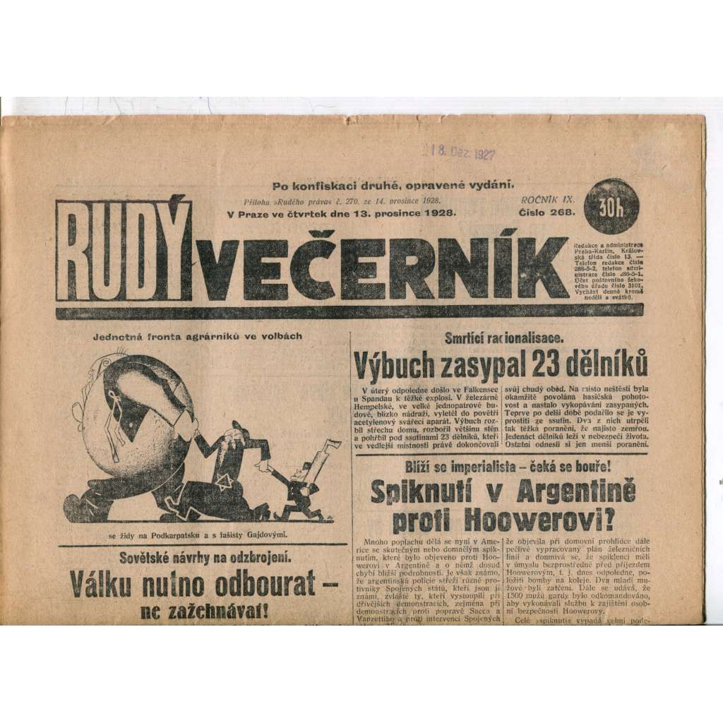 Rudý večerník (13.12.1928) - staré noviny, 1. republika