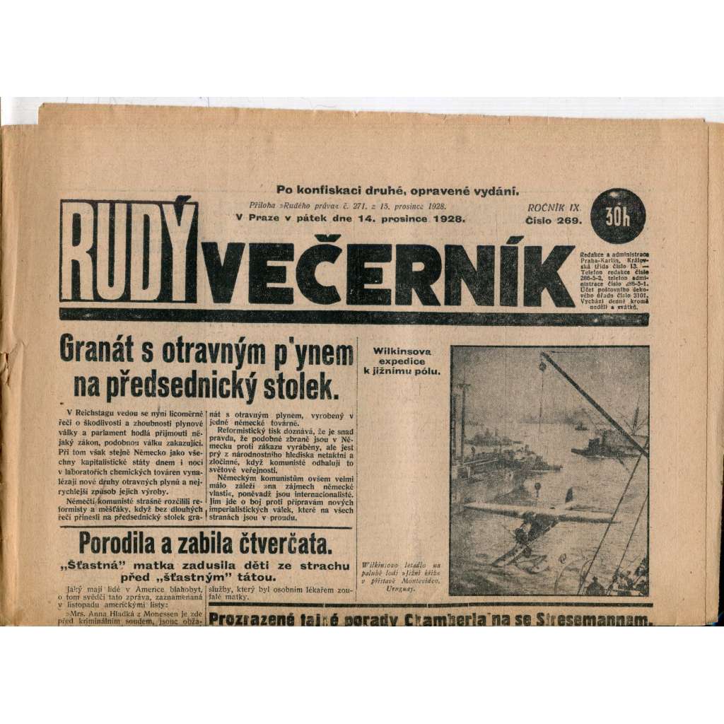 Rudý večerník (14.12.1928) - staré noviny, 1. republika