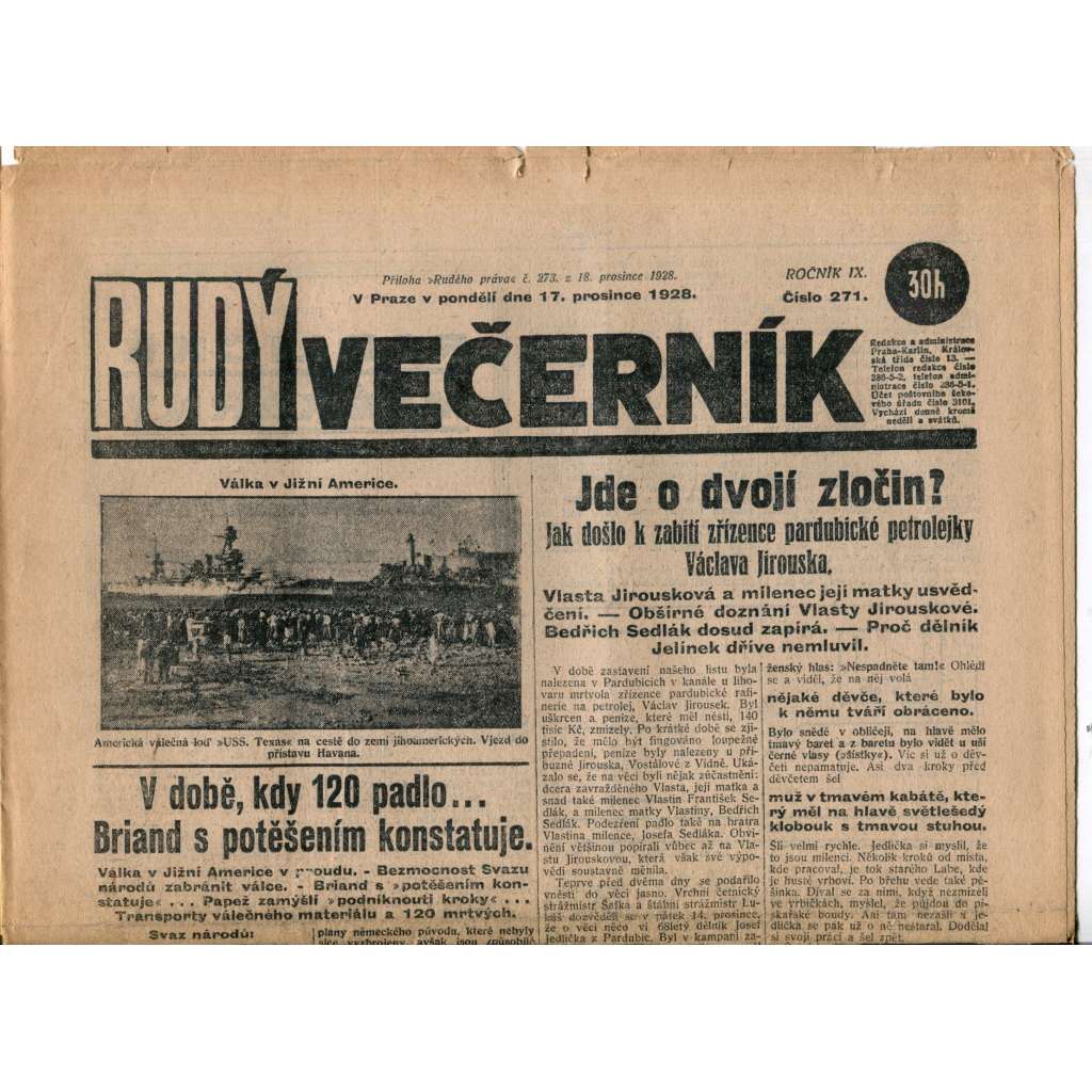 Rudý večerník (17.12.1928) - staré noviny, 1. republika