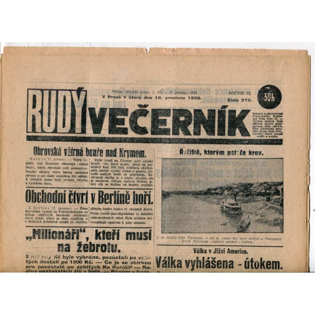 Rudý večerník (18.12.1928) - staré noviny, 1. republika