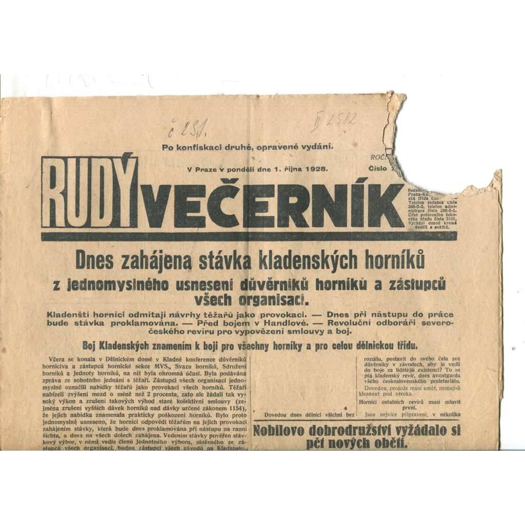 Rudý večerník (1.10.1928) - staré noviny, 1. republika (pošk.)