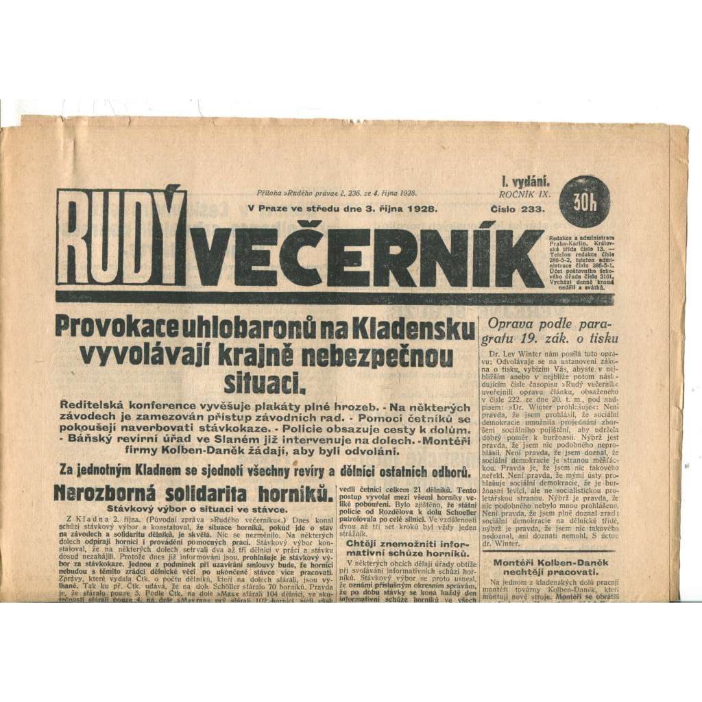 Rudý večerník (3.10.1928) - staré noviny, 1. republika