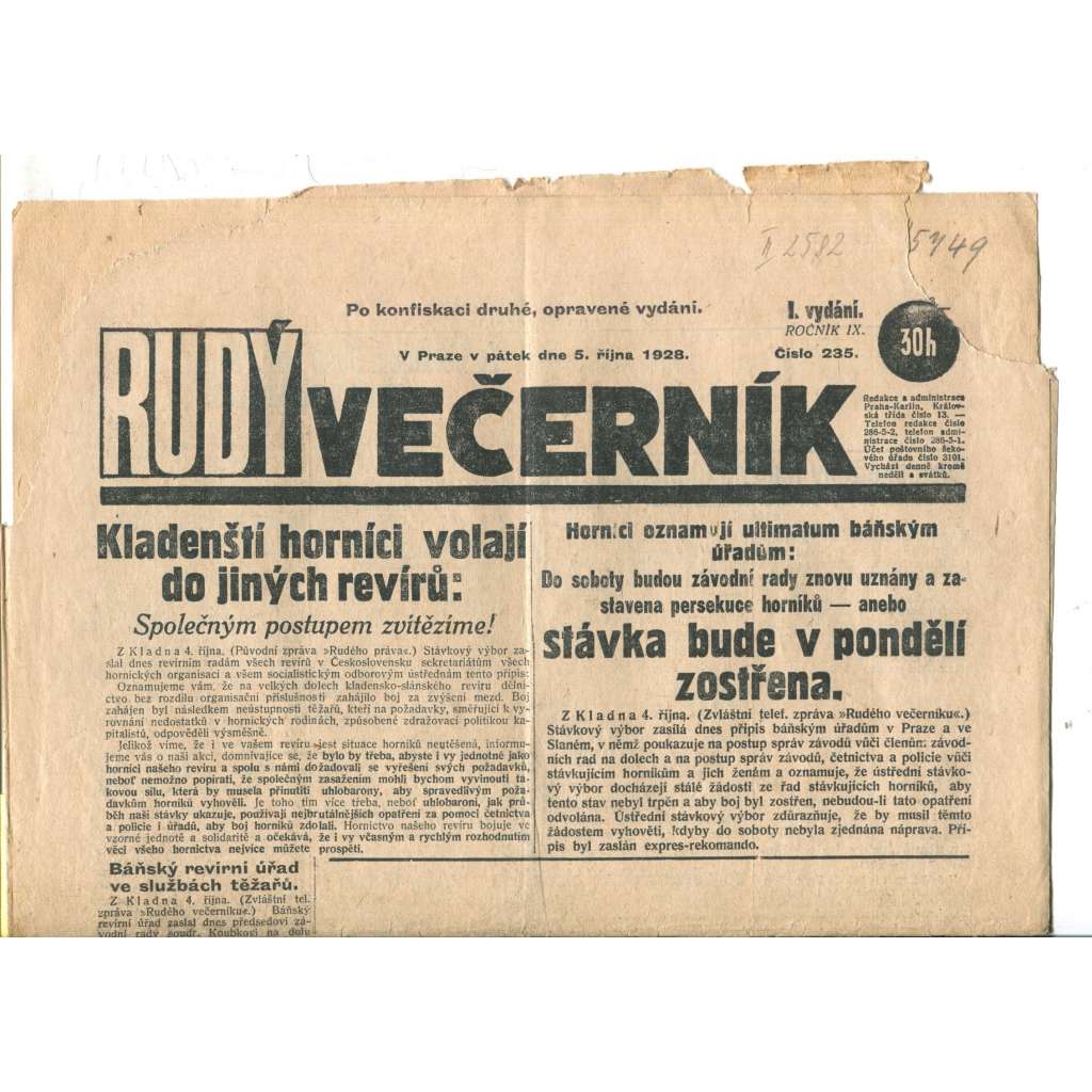 Rudý večerník (5.10.1928) - staré noviny, 1. republika (pošk.)