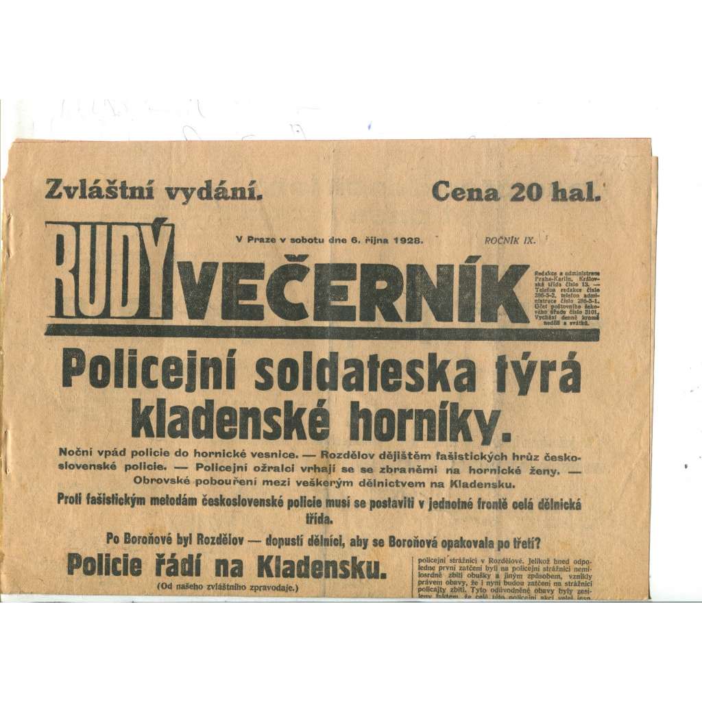 Rudý večerník - zvláštní vydání (6.10.1928) - staré noviny, 1. republika