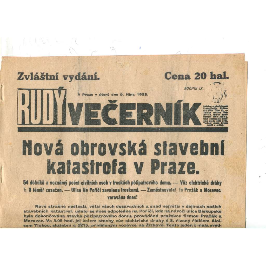 Rudý večerník - zvláštní vydání (9.10.1928) - staré noviny, 1. republika