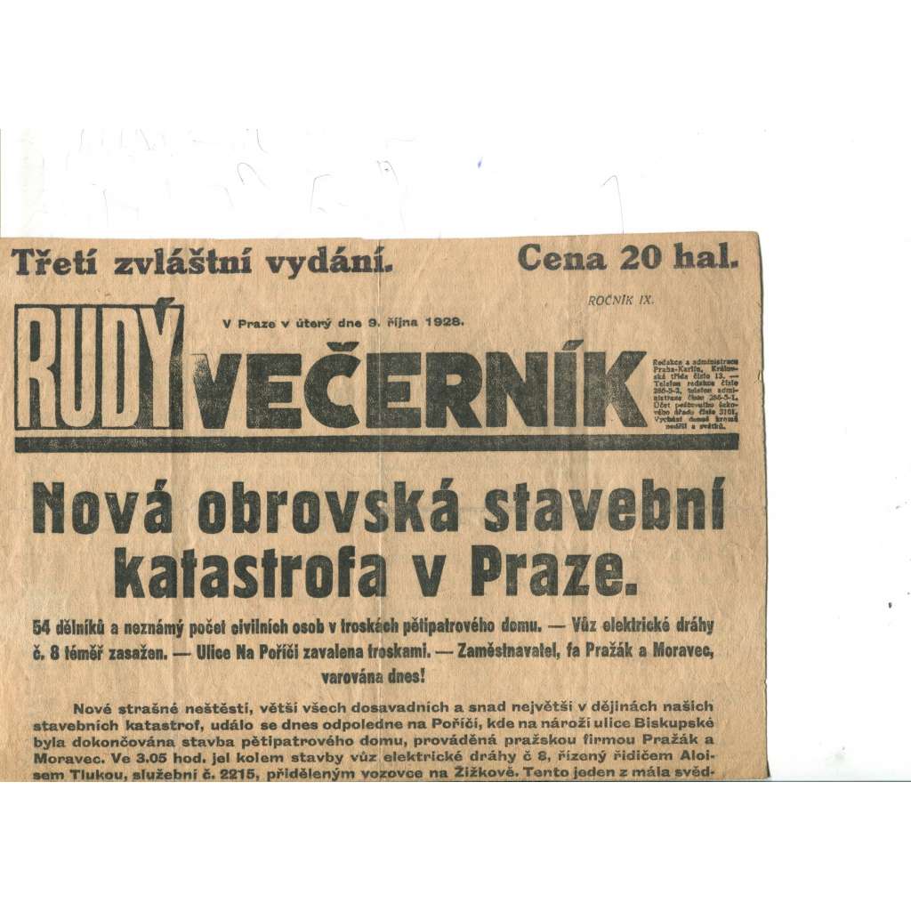 Rudý večerník - zvláštní vydání (9.10.1928) - staré noviny, 1. republika