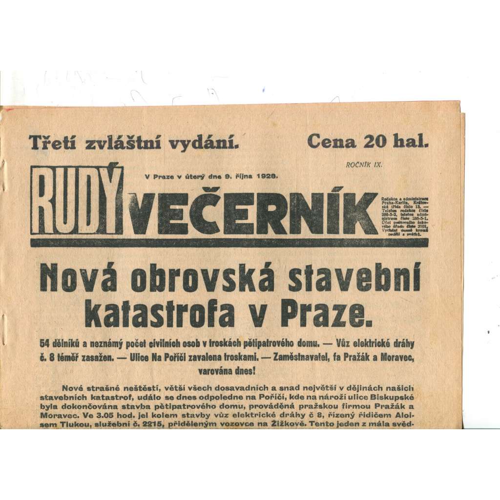 Rudý večerník - zvláštní vydání (9.10.1928) - staré noviny, 1. republika