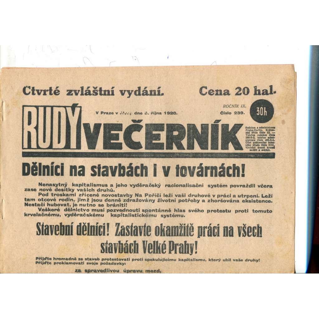 Rudý večerník - zvláštní vydání (9.10.1928) - staré noviny, 1. republika