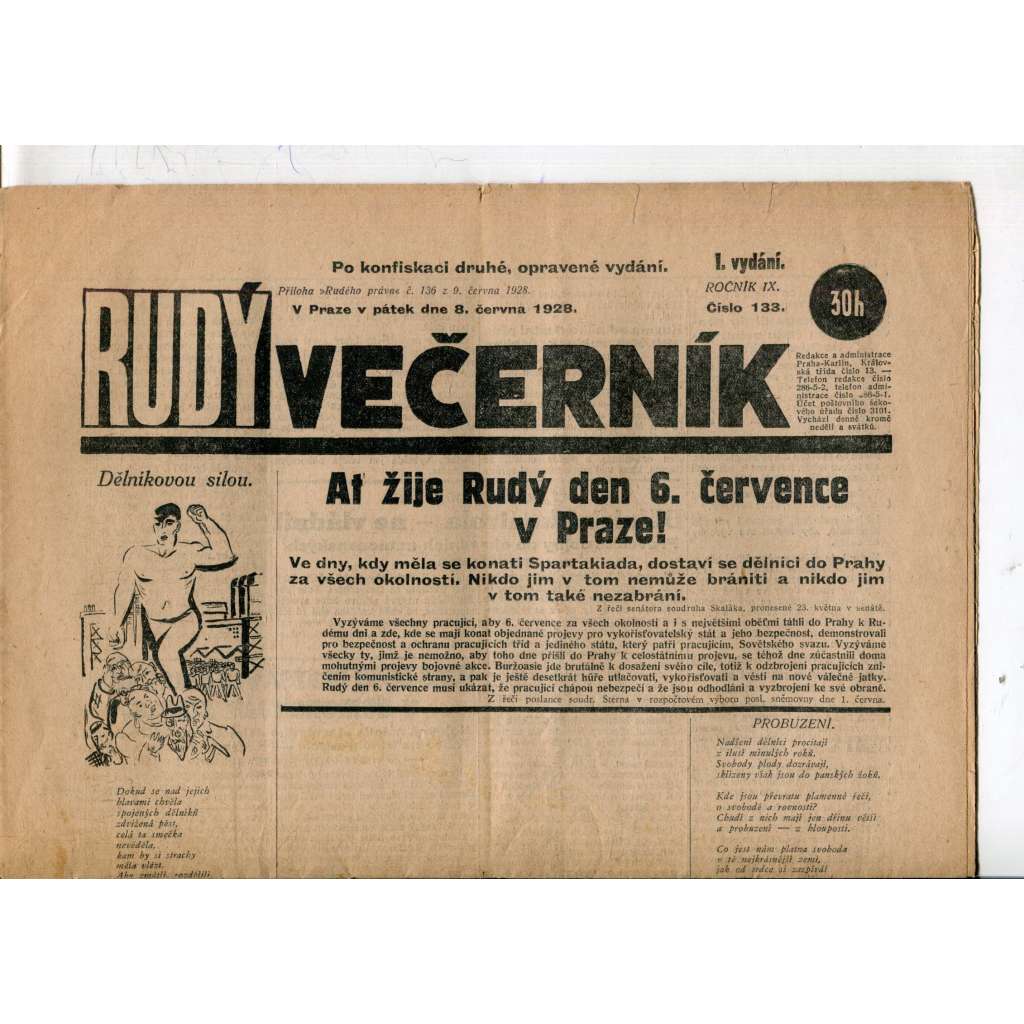Rudý večerník (8.6.1928) - staré noviny, 1. republika