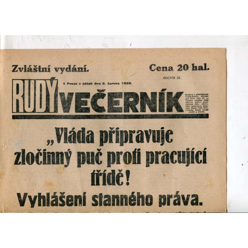 Rudý večerník - zvláštní vydání (8.6.1928) - staré noviny, 1. republika