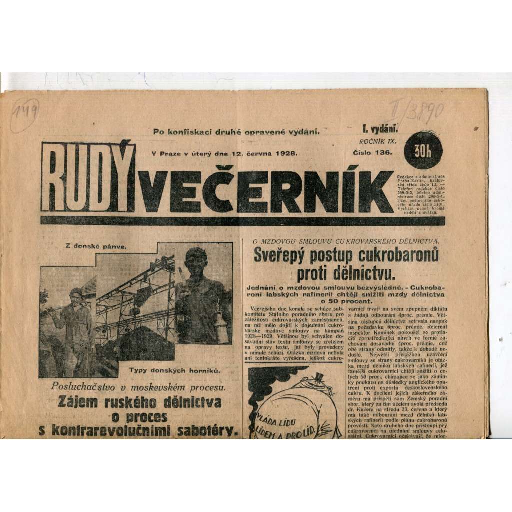 Rudý večerník (12.6.1928) - staré noviny, 1. republika