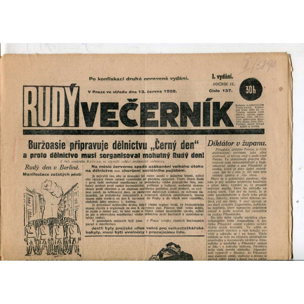 Rudý večerník (13.6.1928) - staré noviny, 1. republika