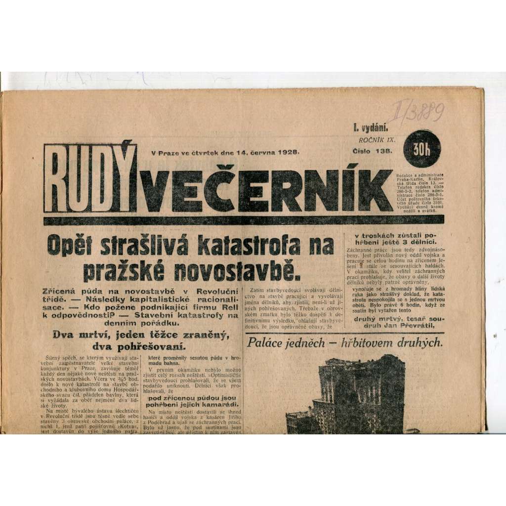 Rudý večerník (14.6.1928) - staré noviny, 1. republika