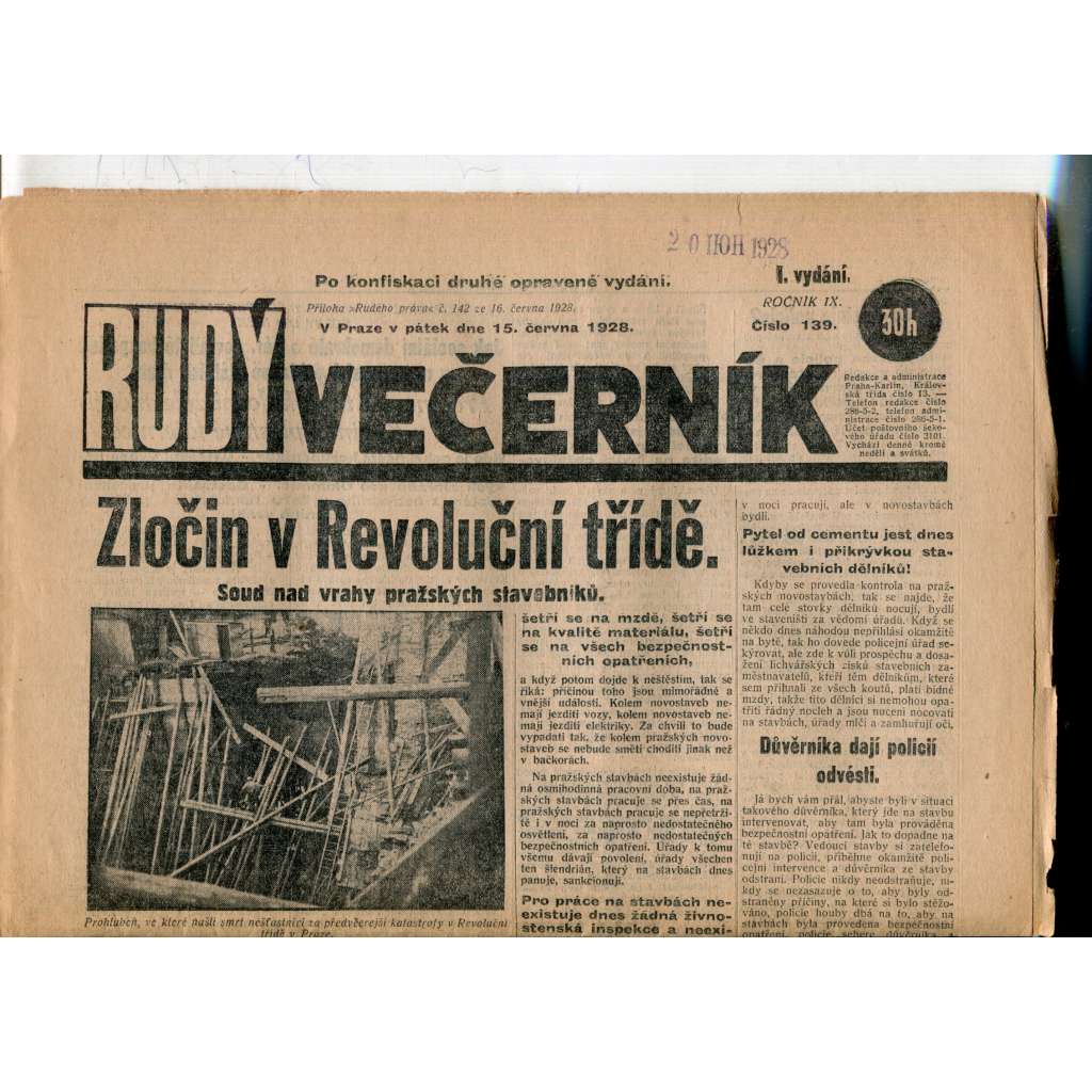 Rudý večerník (15.6.1928) - staré noviny, 1. republika