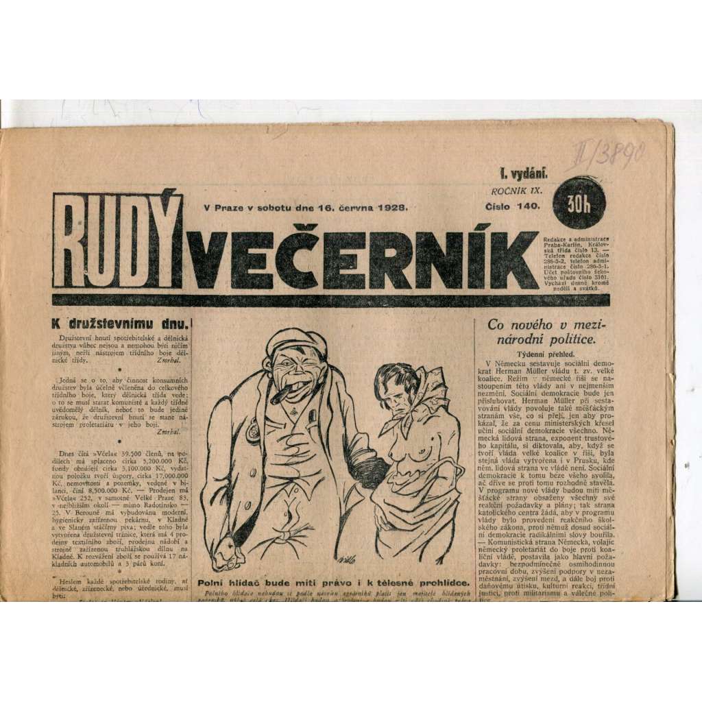 Rudý večerník (16.6.1928) - staré noviny, 1. republika