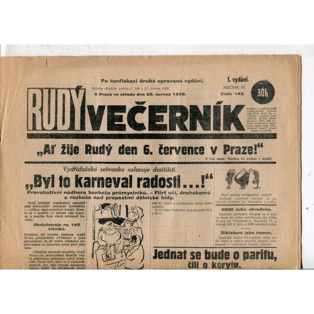 Rudý večerník (20.6.1928) - staré noviny, 1. republika