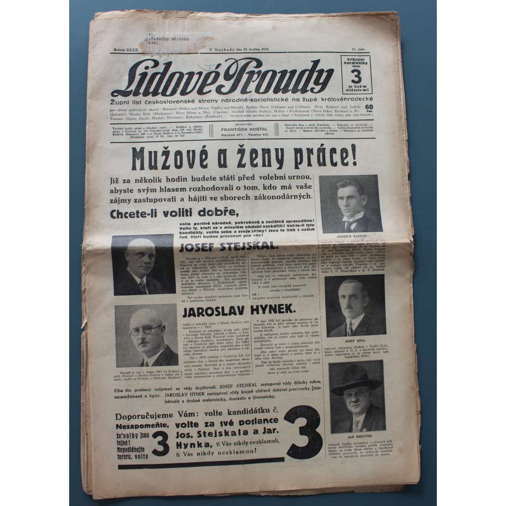 Lidové proudy 1935, roč. XL (noviny, politika ČSNS, Hradec Králové, mj. Mužové a ženy práce!, Textilní a krajinská výstava v r. 1936 ve Dvoře Králové n. Labem, Národní socialismus vítězí)
