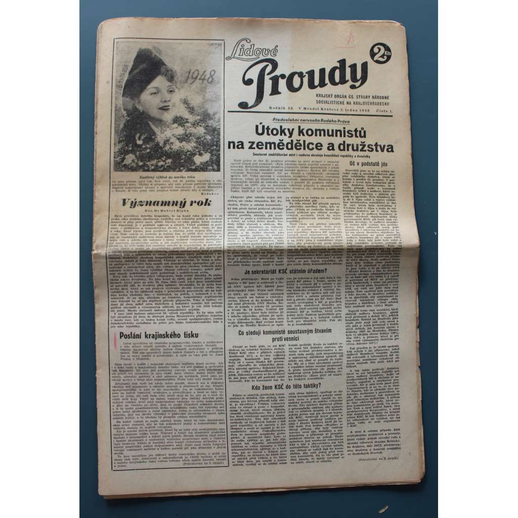 Lidové proudy 1948, roč. 48 (noviny, politika ČSNS, Hradec Králové, mj. Útoky komunisů na zemědělce a družstva, Chceme svobodnou a demokratickou republiku, Před spojením Soc. demokarcie a KSČ)