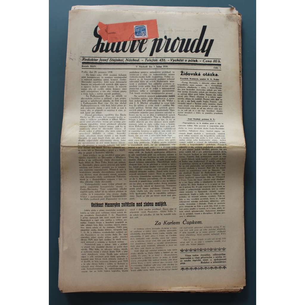 Lidové proudy 1939, roč. XLIV (noviny, Hradec Králové, druhá republika, protektorát, mj. Židovská otázka, Nový politický život, Modlitba za vlast, K. H. Mácha, Národní souručenství, Za K. Čapkem)