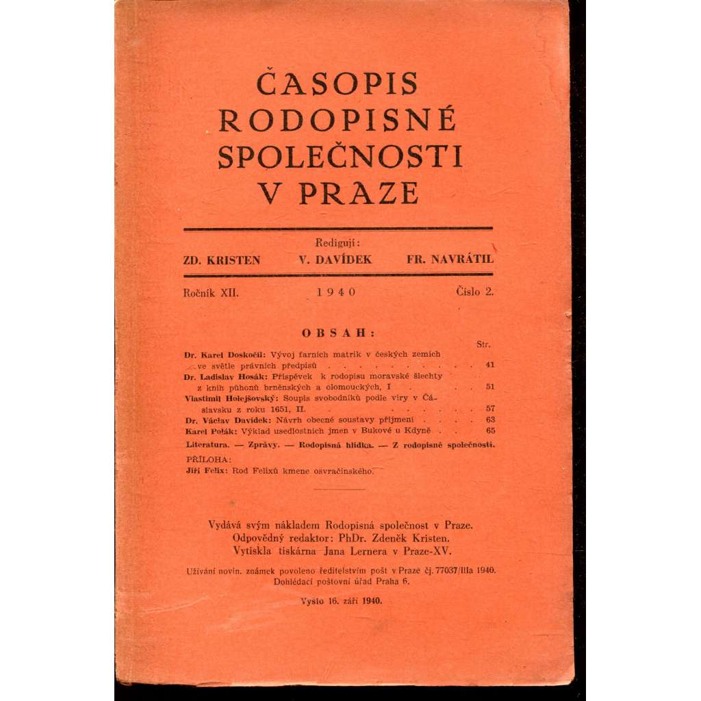 Časopis Rodopisné společnosti v Praze, ročník XII., číslo 2/1940