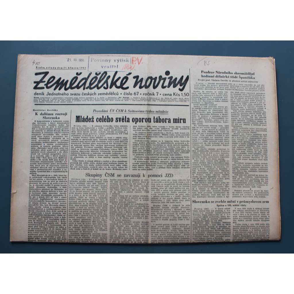 Zemědělské noviny 1951, roč. 7, č. 67 (zemědělství, komunismus, mj. K dalšímu rozvoji Slovenska, Budovatelské valné hromady JZD)
