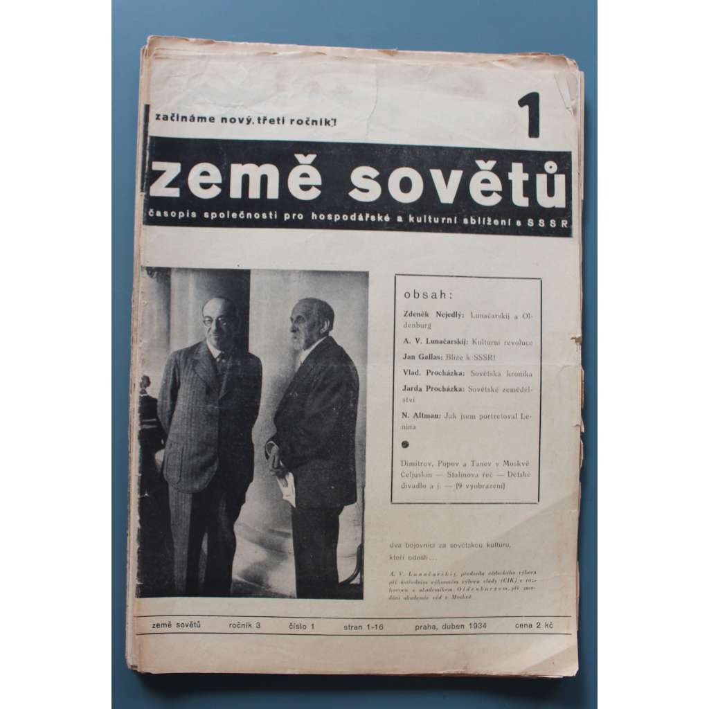 Země sovětů 1934, roč. 3 (časopis, politika, avantgarda, mj. M. Šmok - 3 týdny ve SSSR, K. Teige - Sovětská grafika, SSSR na prahu beztřídní společnosti, Sovětští letci v Praze, Meierchold)
