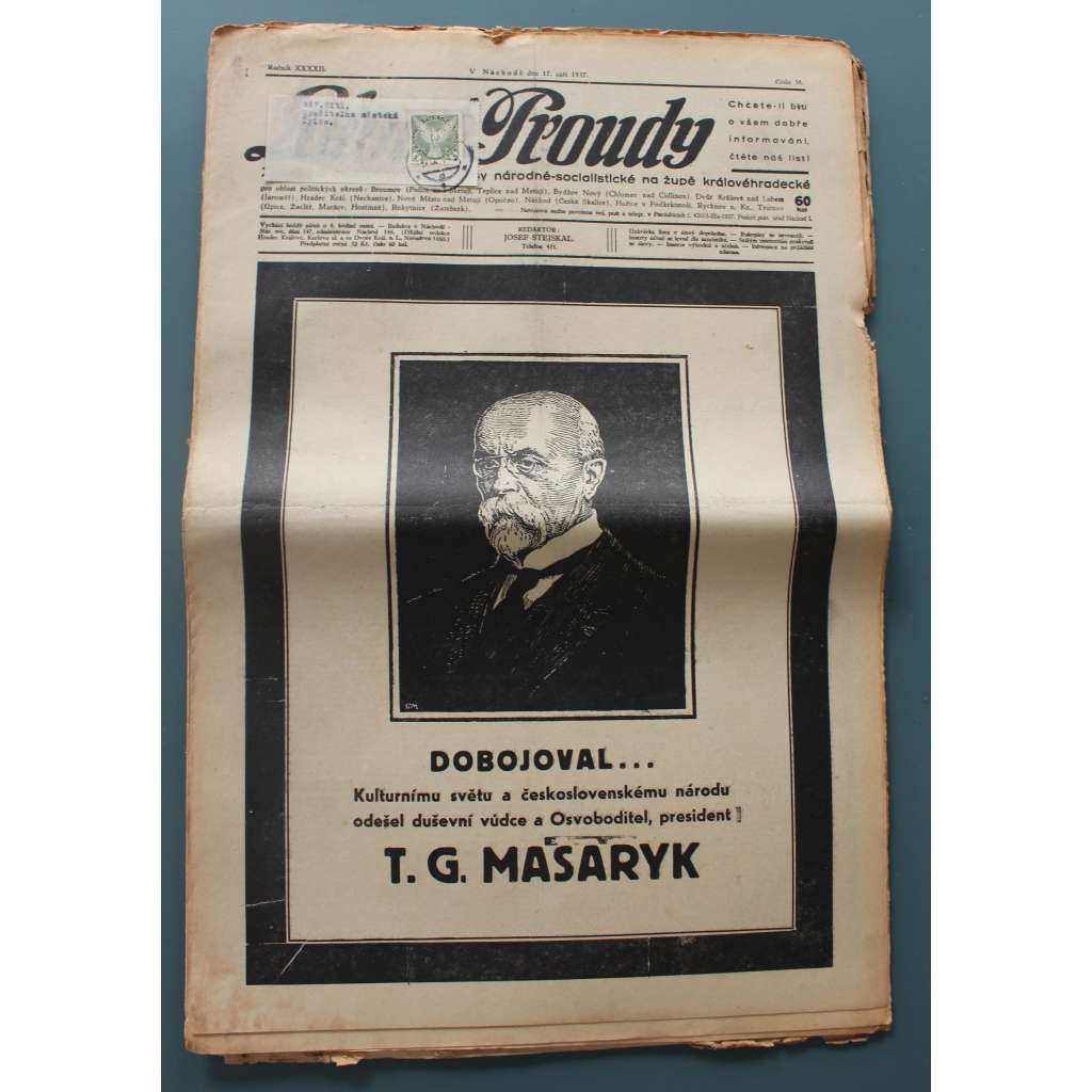 Lidové proudy 1937, roč. XXXXII. (noviny, politika ČSNS, Hradec Králové, mj. T. G. Masaryk - úmrtí, Hitlerův projev a naši hraničáři, Provokace [Henlein], T. G. Masaryk - narozeniny, 1. máj, Národní obrana, Poslankyně F. Zemínová mezi hraničáři)