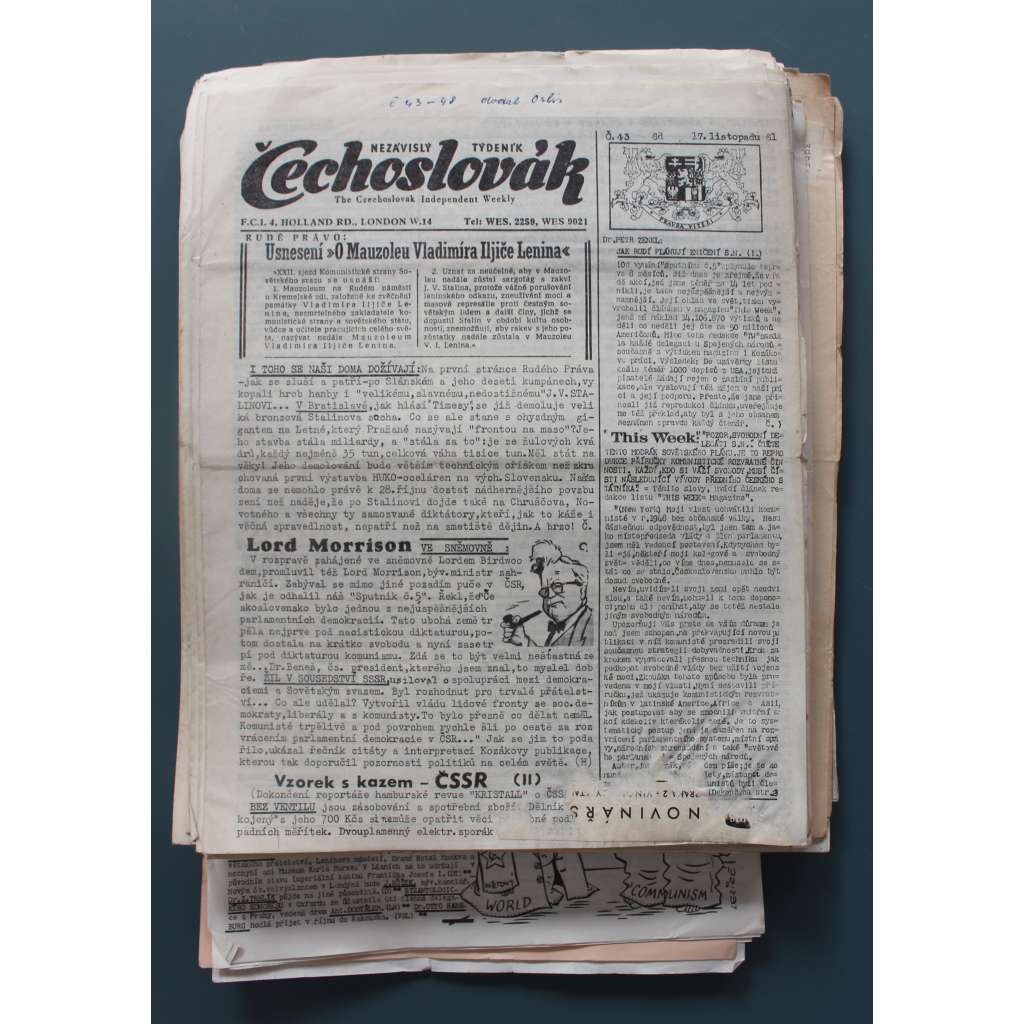 Nezávislý týdeník Čechoslovák 1961-1967 (časopis, politika, exil, mj. Kennedy nezapoměl, Tomáš Baťa; Zloději, dobrodruzi a karieristé; Svobodná Evropa na pranýři, Novotný je vyřízen!!, Rehabilitace?)