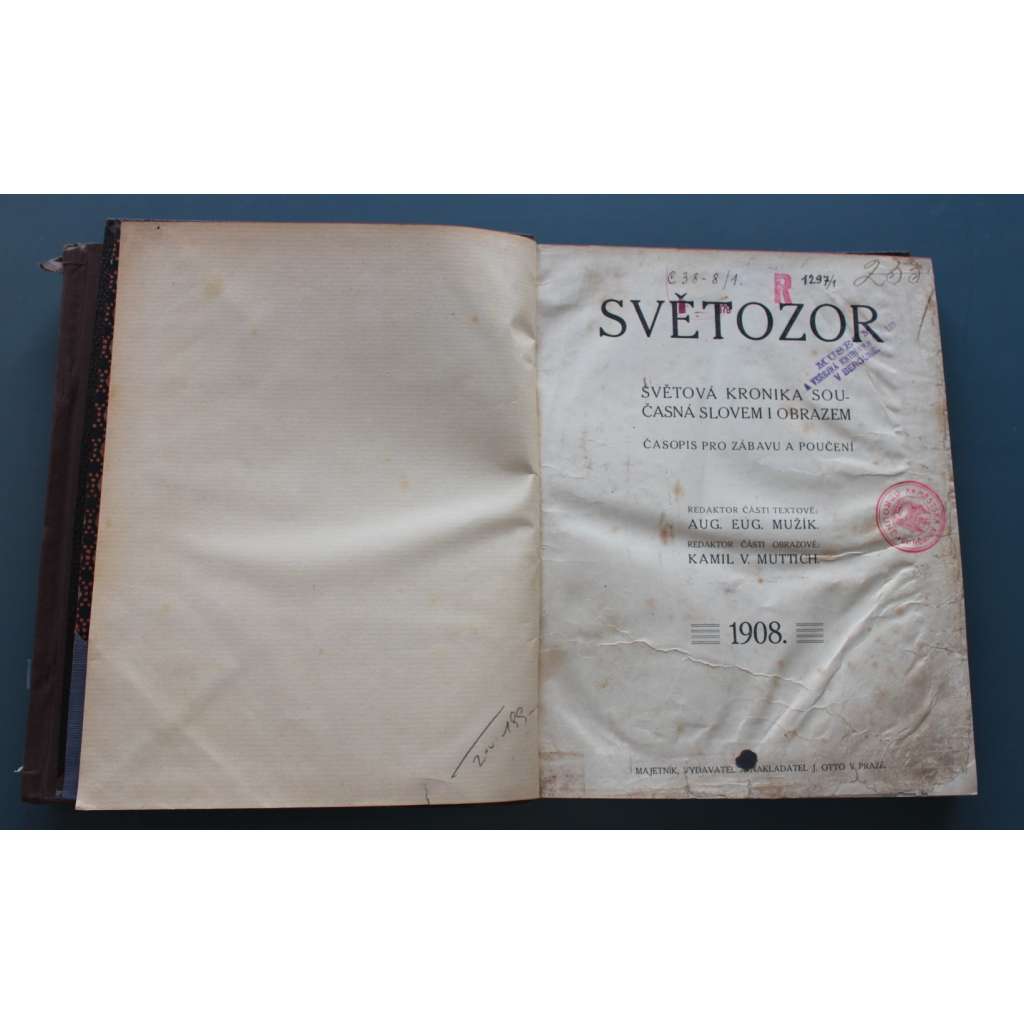 Světozor 1908. Týdeník zábavný a poučný (časopis, týdeník, Rakousko Uhersko, mj. Naši v cizině [Emma Destinnová], Villa Sv. Čecha v Troji, Jan Kubelík, Vodopád Niagara, Sv. Čech - úmrtí, Na jezeře Vrbském)