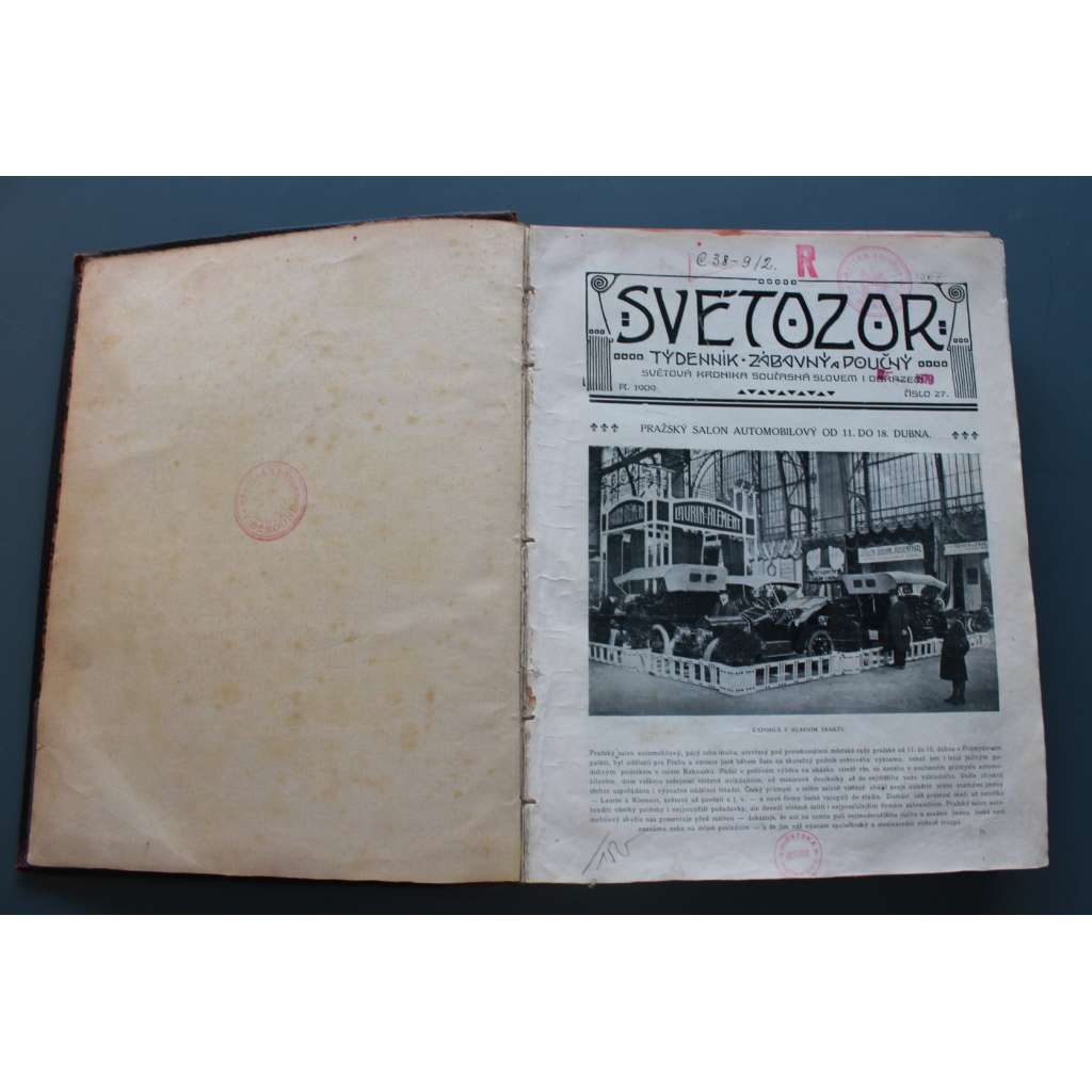 Světozor 1909. Týdeník zábavný a poučný (časopis, týdeník, Rakousko Uhersko, mj. Pražský salon automobilový, Metamorfosa Prahy [Asanace], Milostné listy B. Smetany, Mezi potomky českých vyhnanců na Volyni, New York)